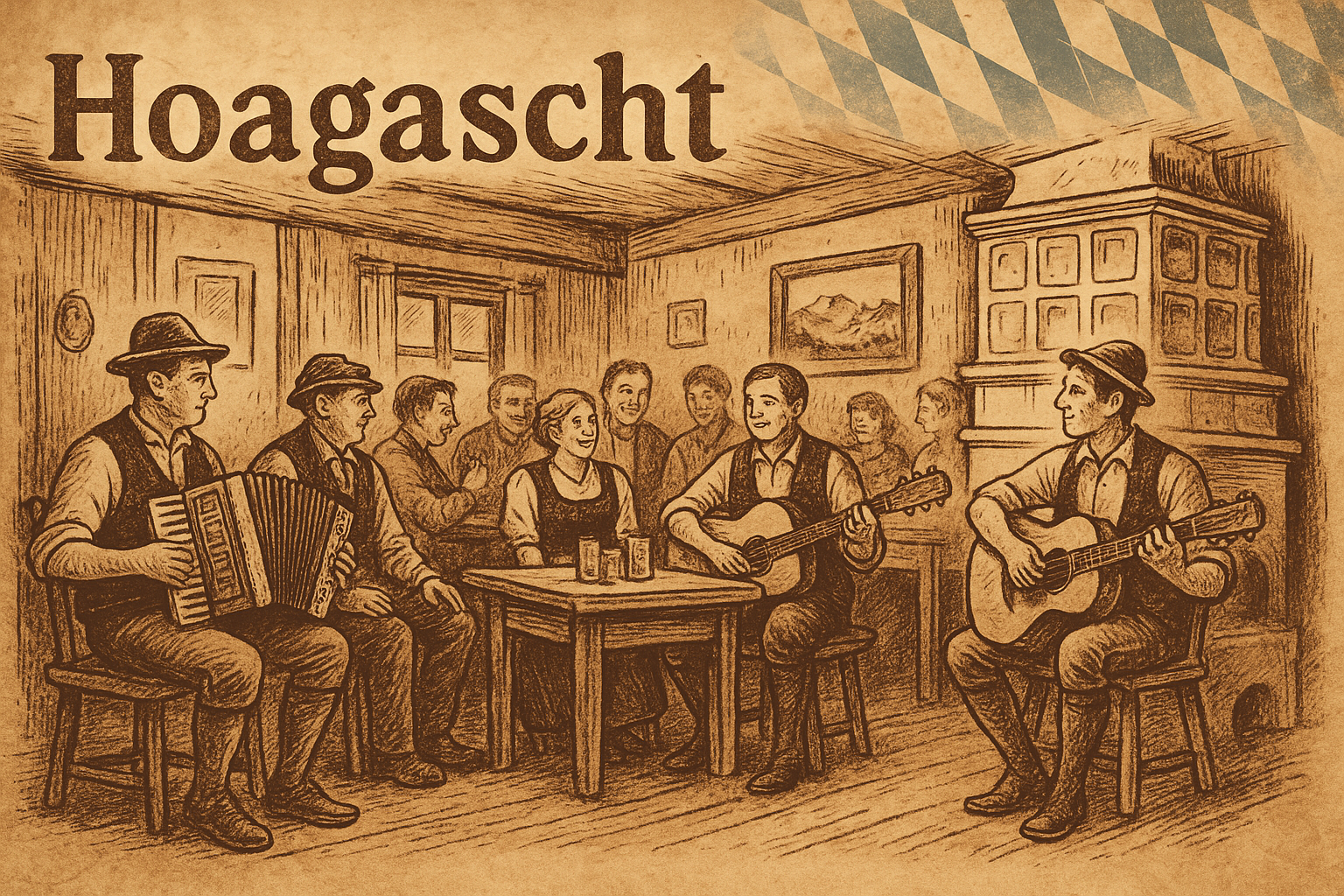 Vintage-Illustration eines Hoagaschts: Menschen sitzen gesellig in einer Stube, Musikanten spielen traditionelle Volksmusik. Mit Alpenflair und dezenten bayerischen Rauten im Hintergrund.